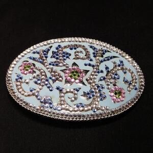 Vintage Belt Buckle. Blue Oval Flat Crystal Rhinestones, 2 3/4 Inches